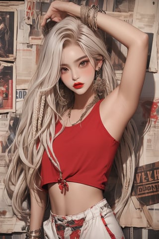  A beautiful teen girl with a skinny body, (white dreadlocks hair) , she is wearing a (red designed long top and designed Harem Pants), fashion style clothing. Her toned body suggests her great strength. The girl is dancing hip-hop and doing all kinds of cool moves.,Sohwa, wooden news wall,medium shot