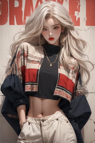  A beautiful teen girl with a skinny body, (white dreadlocks hair) , she is wearing a (black-red designed poncho and designed bly zouave ), fashion style clothing. Her toned body suggests her great strength. The girl is dancing hip-hop and doing all kinds of cool moves.,Sohwa,medium full shot