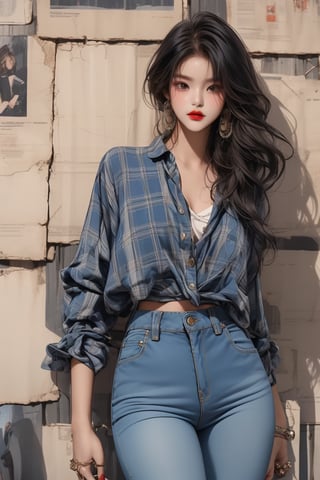 A beautiful girl with a slim figure, she is wearing a blue checked shirt and skinny jeans, fashion style clothing. Her toned body suggests her great strength. The girl is standing confident and doing all kinds of cool poses.,Sohwa,medium full shot