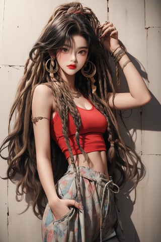 A beautiful teen girl with a skinny body, (dreadlocks hair) , she is wearing a (red designed long top and designed Harem Pants), fashion style clothing. Her toned body suggests her great strength. The girl is dancing hip-hop and doing all kinds of cool moves.,Sohwa, white wall background,medium shot,Detailedface