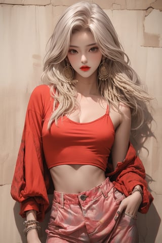 masterpiece art, 8k, A beautiful teen girl with a skinny body, (white dreadlocks hair) , she is wearing a (red designed long top and designed Harem Pants), fashion style clothing. Her toned body suggests her great strength. The girl is dancing hip-hop and doing all kinds of cool moves.,Sohwa, white wall background,medium shot,Detailedface,skinny