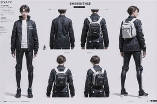 blueprints ensemble details, eva pilot ensemble, evangelion, with robotic ensemble, with robotic backpack, black and white ensemble, men, ensemble parts blueprints details, black and white, minimalistic ensemble,

