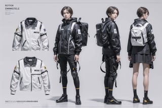 blueprints ensemble details, eva pilot ensemble, evangelion, with robotic ensemble, with robotic backpack, black and white ensemble, men, ensemble parts blueprints details, black and white, minimalistic ensemble,

