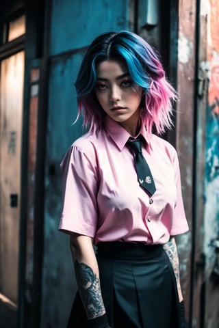(masterpiece, best quality, niji style:1.2), 1 girl, solo, beautiful and aesthetic, two-tone hair, tatoos, pink shirt, black high waist skirt, necktie, black gloves, horror art, dread, forboding, dark,  abandoned, ultra detailed, vivid colours, dramatic light, Japan Vibes