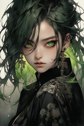 (masterpiece, best quality, niji style), ((top quality)), close portrait of a young gothic chinese girl with a  touch of punky, ((front view,)) With a black velvet unbuttoned shirt, with a rebellious appearance, black shaded eyes, green hair, intricate details, highly detailed light brown eyes, highly detailed mouth, cinematic image, illuminated by soft light,photo of perfecteyes eyes