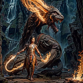 A colossal creature with a human head and human face and snake body, measuring over 500 miles in length, with hair that glows like flames.,yuhuo,long, urly face:1.0,blowing fire from its month, dragon,perfecteyes,mythical clouds,High detailed ,oni style, oni style head,ink scenery,chinese ink drawing, fire hair,fire