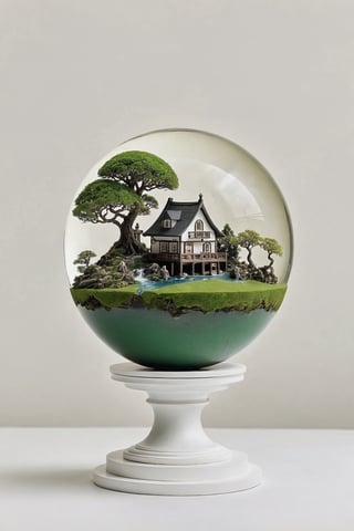 (best quality), (4k resolution), creative illustration of a miniature world on a white pedestal. The world is a green sphere with various natural and artificial elements. There is a river, trees, mountains, and a small house on the sphere. The image has a minimalist style with a light color palette that creates a contrast with the white background. The image gives a sense of wonder and curiosity about the tiny world and its inhabitants.,ff14bg,High detailed