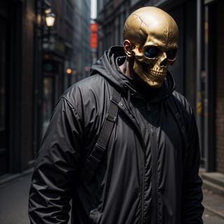 A man with a golden skull instead of a head, in black clothes, dark fantasy ,realistic,urban techwear,Epicrealism