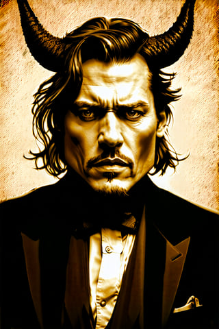 Johnny Depp as the devil drinks whiskey , vintage portrait with a sepia color scheme, using style #11 and contrast level 0.5.