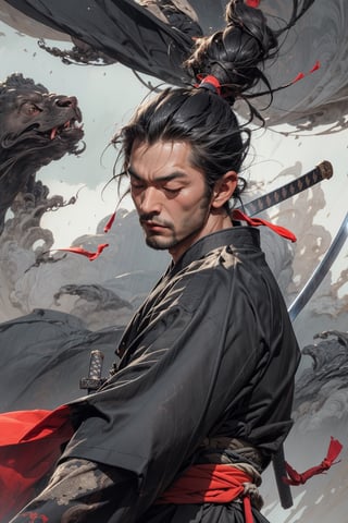 (masterpiece:1.2, best quality)), ultra detailed, Ultra-precise depiction, Ultra-detailed depiction, (dynamic pose), extremely realistic, floaty hair, ((male)), wide angle shot of japanese samurai, calm expression, miyomoto musashi, closed eyes, circling rain of ((katana)), storm, 3DMM,weapon,