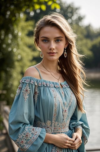 stunning Russian beauty posing full-length near the river, dressed in an ornate folk dress, perfect supermodel, supermodel beauty, top model photo, 1 girl, 25 years old, stunningly beautiful face, cute face, beautiful gray-blue eyes, blonde hair braided, radiant girl with a sincere smile, seductive pose, photorealism:1.37, masterpiece, best quality, absurdities, masterpiece uhd, best quality, absurdities, uhd, extremely high-quality photo, front view from the viewer, (eyes look at the viewer), perfect proportions, slender hips, slim waist, detailed body, complex body details, bottom view, top-down view, front view, low camera view, detailed background, juicy colors, close-up, similar to Olga Buzova