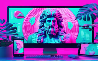 to create the first screen of a marketing agency website, in vaporwave style, the picture should contain: a bust of Zeus, the contours of a computer screen, the contours of a smartphone screen, the shadows of monstera leaves, various 3D graphic elements, graphic icons, the whole composition in acid pink and turquoise colors 8k, uhd, realism vapor_graphic, vaporwave style,