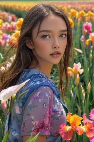 dramatic lighting, (highly detailed face:1.4), long hair,Hair fluttering in the wind. perfect eyes, realistic iris, (in a fild of flowers), She is wearing random clothing. 1 Girl, ((torso visible)), Ultra High Resolution, (Realistic: 1.4), RAW Photo, Best Quality, (Photorealistic Stick), Focus, Soft Light, (depth of field), masterpiece, (realistic), woman, bangs

