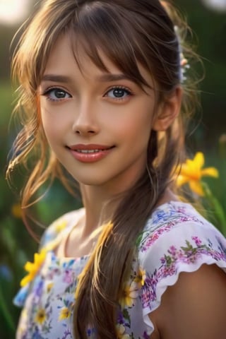 dramatic lighting, (highly detailed face:1.4),, Ultimate Cute Face:1.5, smile:1.0, long hair,Hair fluttering in the wind. perfect eyes, realistic iris, (in a fild of flowers), She is wearing random clothing. 1 Girl, ((torso visible)), Ultra High Resolution, (Realistic: 1.4), RAW Photo, Best Quality, (Photorealistic Stick), Focus, Soft Light, (depth of field), masterpiece, (realistic), woman, bangs

