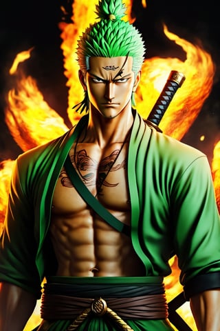 the legendary Roronoa zoro, 3 swords, realistic cut stitches on the chest, becomes the embodiment of heavenly fury. japanies clothes, His eye glow with cosmic fire, one eye closed, long hairs, full body. 4K,dfdd,steampunk style
