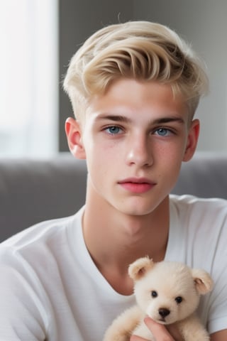 a 18 years old handsome cute blond boy, holding a fuzzy cute little stuffed toy at home, sharp focus, finely detailed eyes and face, short hair, fade haircut, male_only, sharp skin, masterpiece, photorealistic, ultra-detailed, fine skin detail, best, super fine, best quality, ultra highres, 8k, RAW photo, cute blond boy,