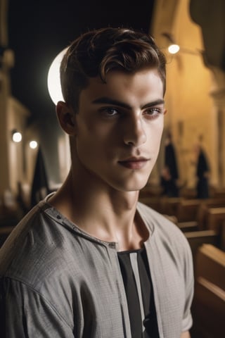 a handsome italian man (church, grimreaper, moonlight:1.5), sharp focus, short hair, fade haircut, sharp focus, finely detailed eyes and face, shirtless, short hair, male_only, add noise, sharp skin, masterpiece, photorealistic, best, best quality, male, handsome, Movie Still, Cinematic, Cinematic Lighting, Film Still, Cinematic Shot, handsome italian,