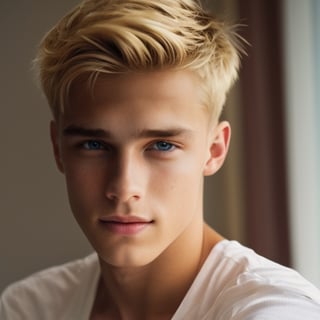 a handsome teen blond boy at home, sharp focus, short hair, fade haircut, sharp focus, finely detailed eyes and face, wear white t-shirt, short hair, male_only, add noise, sharp skin, masterpiece, photorealistic, best, best quality, male, handsome, Movie Still, Cinematic, Cinematic Lighting, Film Still, Cinematic Shot, Maxalexanderschmidt,