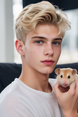 a 18 years old handsome cute blond boy, holding a fuzzy cute little hamster stuffed toy at home, sharp focus, finely detailed eyes and face, short hair, fade haircut, male_only, sharp skin, masterpiece, photorealistic, ultra-detailed, fine skin detail, best, super fine, best quality, ultra highres, 8k, RAW photo, cute blond boy,