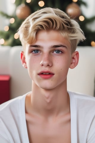 an 18 years old handsome cute blond boy, wear christmas costume, christmas, christmas decoration, christmas tree, sharp focus, finely detailed eyes and face, short hair, fade haircut, male_only, sharp skin, cute blond boy,