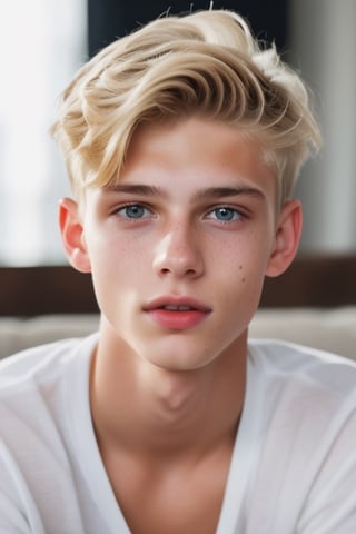 a 18 years old handsome cute blond boy at home, sharp focus, finely detailed eyes and face, short hair, fade haircut, male_only, sharp skin, masterpiece, photorealistic, ultra-detailed, fine skin detail, best, super fine, best quality, ultra highres, 8k, RAW photo, cute blond boy,