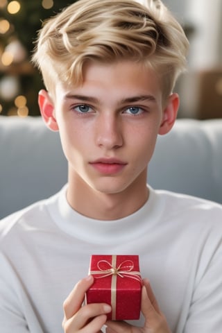 an 18 years old handsome cute blond boy, holding a little gift, wear christmas costume, christmas, christmas decoration, christmas tree, sharp focus, finely detailed eyes and face, short hair, fade haircut, male_only, sharp skin, masterpiece, photorealistic, ultra-detailed, fine skin detail, best, super fine, best quality, ultra highres, 8k, RAW photo, cute blond boy,