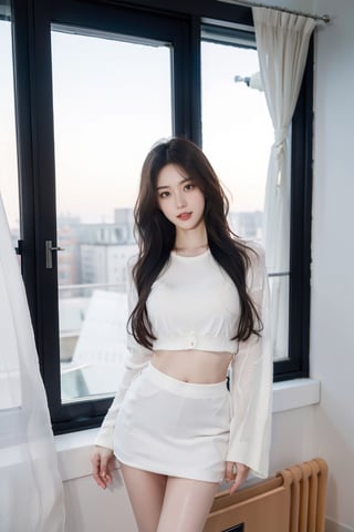 Open mouth, white teeth, tall and thin, 30-year-old elegant beauty, height 172 cm, weight 49 pounds, long black hair, C cup, ((slender body)), (slender arms), medium big breasts, ((thin) Legs, long and beautiful legs)), simple bedroom photography, miniskirt, (long-sleeved top), (dark light), warm light, window with curtains drawn, late at night