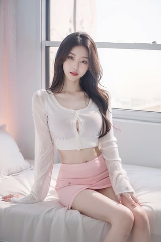 Open mouth, white teeth, tall and thin, 30-year-old elegant beauty, height 172 cm, weight 49 pounds, long black hair, C cup, ((slender body)), (slender arms), medium big breasts, ((thin) Legs, long and beautiful legs)), simple bedroom photography, (pink mini skirt), (pure white long-sleeved top), (dark light), warm light, window with curtains drawn, late at night, sexy pose, ((angled corners Sitting on the mattress))