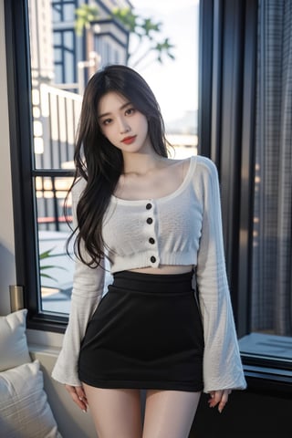Open mouth, white teeth, tall and thin, 30-year-old elegant beauty, height 172 cm, weight 49 pounds, long black hair, C cup, ((slender body)), (slender arms), medium big breasts, ((thin) Legs, long and beautiful legs)), simple bedroom photography, miniskirt, (long-sleeved top), (dark light), warm light, window with curtains drawn, late at night, sexy pose,<lora:659111690174031528:1.0>