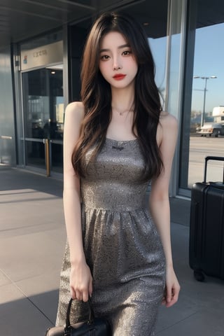 A very beautiful 30-year-old mature woman from Xinjiang in the 21st century. She has long black hair parted to the side. She is 172 centimeters tall and weighs 47 pounds. She is a C cup. She is very thin and tall. She is wearing a floral sexy dress at the airport, dragging a silver suitcase. , there is a plane outside the window