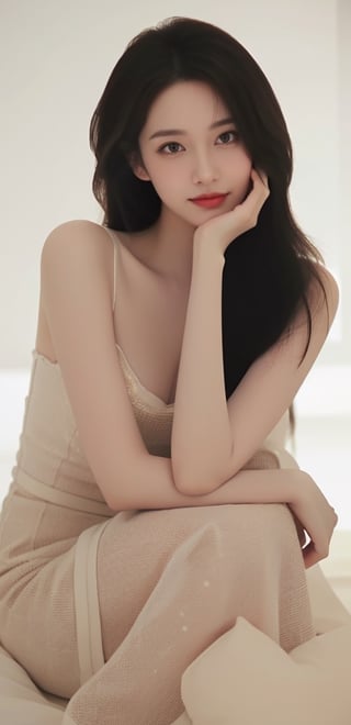 A 30-year-old Korean mature woman wore a Gucci full-body zoom, elegant tulle gown, showing a more natural and real appearance. Bring out her subtle beauty. The image aims to capture a high level of realism, similar to photos taken with a Hasselblad camera, a harmonious blend of cultural elegance and reality, personality traits, a cozy bedroom, tall and thin, large breasts, long_hair