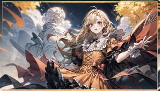 An orange dress with lots of frills,
Blonde vertical roll hair,
Greetings from Courtesy,1guy