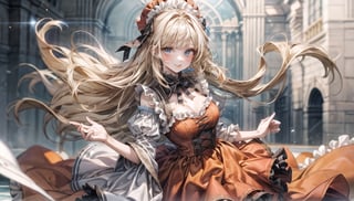 An orange dress with lots of frills,
A 20-year-old woman with blonde hair in vertical rolls,
Greetings from Courtesy,