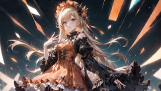 An orange dress with lots of frills,
Blonde vertical roll hair,
Greetings from Courtesy,