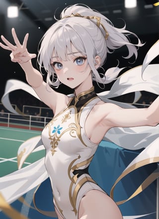 A girl with silver hair and a ponytail is wearing a white lace embroidered leotard.
Rhythmic gymnastics, ribbon competition, ribbons dancing in circles around her body,
big gymnasium,
Draw the whole body,
Running with a waving ribbon