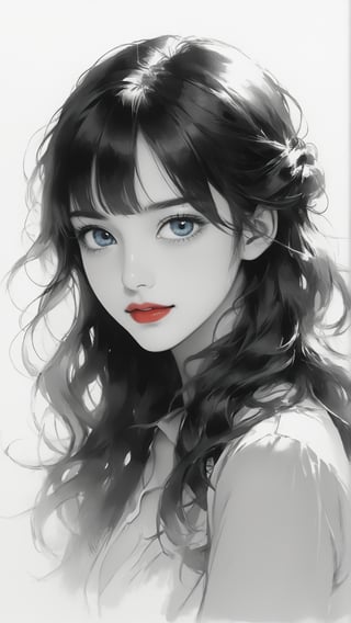 Sketch of a beautiful girl, shy Chuckle smile, ((22 years old korean girl)), ((a beautiful girl with clear blue eyes)), portrait, soft light-red lips, black hair, illustration art, soft light, detailed, strong grayscale, elegant, high contrast, with thin lines Add soft blur, sketch of a beautiful girl, portrait of Charles Miano, ((full body shot)), strong  backlight, ,zavy-hrglw, niji5,aesthetic portrait,jyojifuku,anica_teddy