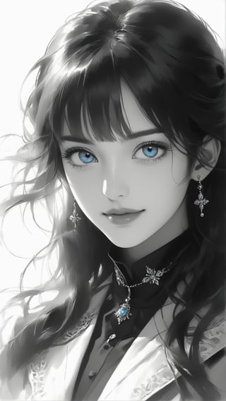 Sketch of a beautiful girl, shy Chuckle smile, ((22 years old korean girl)), ((a beautiful girl with clear blue eyes)), portrait, soft light-red lips, black hair, illustration art, soft light, detailed, strong grayscale, elegant, high contrast, with thin lines Add soft blur, sketch of a beautiful girl, portrait of Charles Miano, ((full body shot)), strong  backlight, ,zavy-hrglw, niji5,aesthetic portrait,jyojifuku,anica_teddy