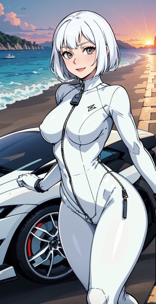 sole_female, Korean, race_queen, white hair, ((very short hair)), ((white tight bodysuit:1.5)), ((beach)), white eyes, ((white supercar:1.5)),, , ((sunset)), Beautiful smile, mature girl, (((Open Zipper))), white long coat, round naval, beautiful breast, slim belly 