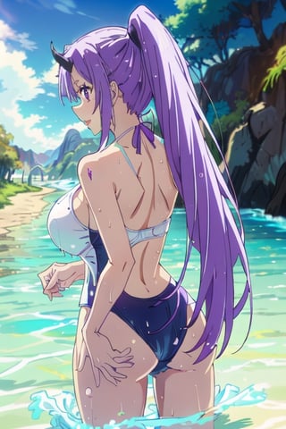 Shion 1girl, weapon, shirt, very_long_hair, belt, ponytail, collarbone, horns, cleavage, big_breasts, long_hair, purple_eyes, purple_hair, river, happy (white swimsuit: 1.5) wet, back (focus on ass: 1.3)