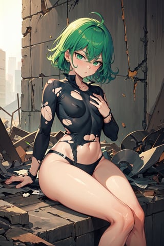 TatsumakiOPM, green eyes, green hair, short hair, beautiful, stylish, cowboy photo, arm crossed, pouting expression, tight black clothes, long sleeves, random background, (masterpiece:1.3), (vibrant:1.2), best quality, cinematic destroyed city,
(clothes torn, underwear: 1.5), sitting cross-legged