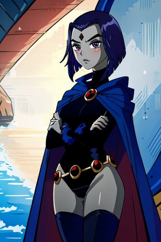(masterpiece, best quality), pale skin, intricate details, 1girl, RavenTT, navy blue cape, black leotard, black thigh-high stockings, brooch, belt, red crystal on forehead, short purple hair, serious look, arms crossed