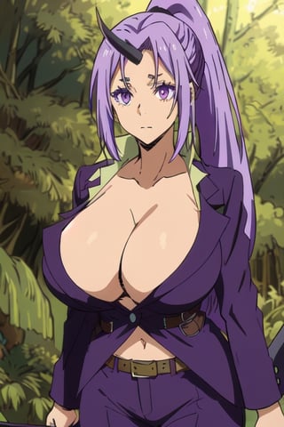 Shion 1girl, weapon, shirt, very_long_hair, belt, ponytail, collarbone, horns, cleavage, big_breasts, long_hair, pants, purple_eyes, , purple_hair, purple_jacket, breasts, very_long_hair, alone, alone, forest, distressed