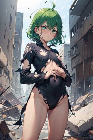 TatsumakiOPM, green eyes, green hair, short hair, beautiful, stylish, cowboy photo, arm crossed, pouting expression, tight black clothes, long sleeves, random background, (masterpiece:1.3), (vibrant:1.2), best quality, cinematic destroyed city,
(torn clothes, underwear: 1.5)