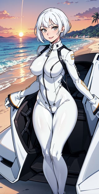 sole_female, Korean, race_queen, white hair, ((very short hair)), ((white tight bodysuit:1.5)), ((beach)), white eyes, ((white supercar:1.5)),, , ((sunset)), Beautiful smile, mature girl, (((Open Zipper))), white long coat, round naval, beautiful breast, slim belly 