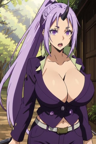 Shion 1girl, weapon, shirt, very_long_hair, belt, ponytail, collarbone, horns, cleavage, big_breasts, long_hair, open_mouth, pants, purple_eyes, purple_eyes, purple_hair, purple_jacket, breasts, very_long_hair, alone, alone, holding sword, forest
