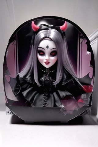 (Blister gift box Inbox satan male doll playset) ((Devil male doll like)) kit box / blister pack / horror Satanist symbols gothic horror accessories included in the package / horror style / ((horror gothic devil doll)) photorealistic 