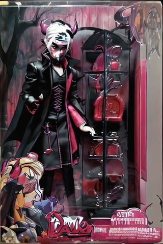 (Blister gift box Inbox satan male doll playset) ((Devil male doll like)) kit box / blister pack / horror Satanist symbols gothic horror accessories included in the package / horror style / ((horror gothic devil doll)) photorealistic 