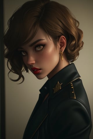 Femme fatale with short curly blond hair, brown eyes, red lips, dressed in jacket, golden jewerly, intense gaze, bad girl look. Highly detailed digital painting, beautiful many details photo realism digital art Cinematic Photography, ultra, realistic, sharp features, highly detailed, sharp focus, muted colors, perfect face, perfect eyes, perfect full lips, vivid, cinematic, Film light, Hyper detailed, Hyper realistic, masterpiece, atmospheric, high resolution