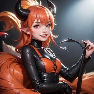 [[furry fox 5.0]], [female fox 2.0],(demon), (anthropomorphic 3.0), beautiful orange fur, black nose, waist-high photo, [fox muzzle 1.1], insidious smile, sharp fangs, sharp teeth, demonic horns,((horns)),