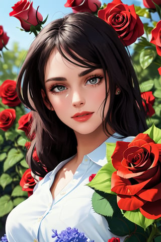 beautiful girl, beautiful face, stands among flowers, red roses, summer background. stylization, composition